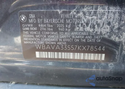 2007 BMW 328I z USA, uszkodzony, nr VIN WBAVA33557KX78544